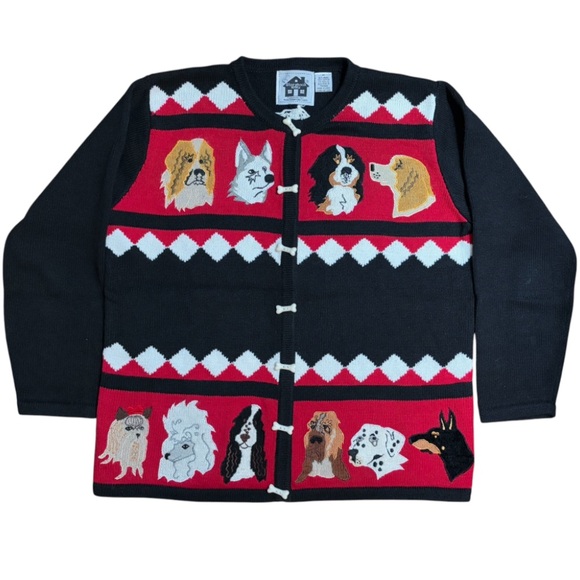 Storybook Knits Diamond Dogs Black Red PoochPup Bone Button Sweater Cardigan M